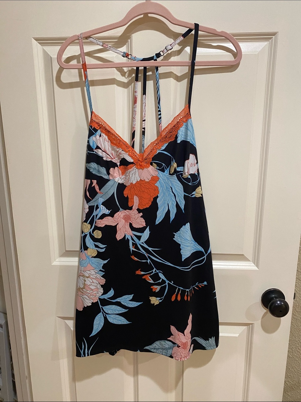 Black Floral Slip Nightdress with Orange Lace Trim